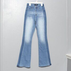 YMI light denim side stripe distressed hem high rise flare jeans